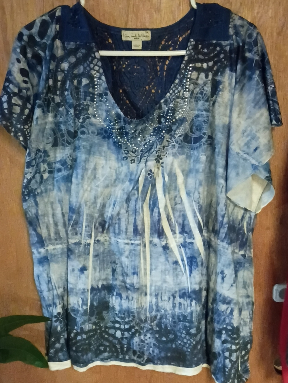 live and let live Blue Tie-Dye V-Neck Tunic with Embellished Neckline